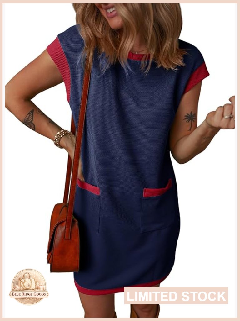 Cap Sleeve Shift Tshirt Mini Dress Casual Color Block Summer Spring Crewneck